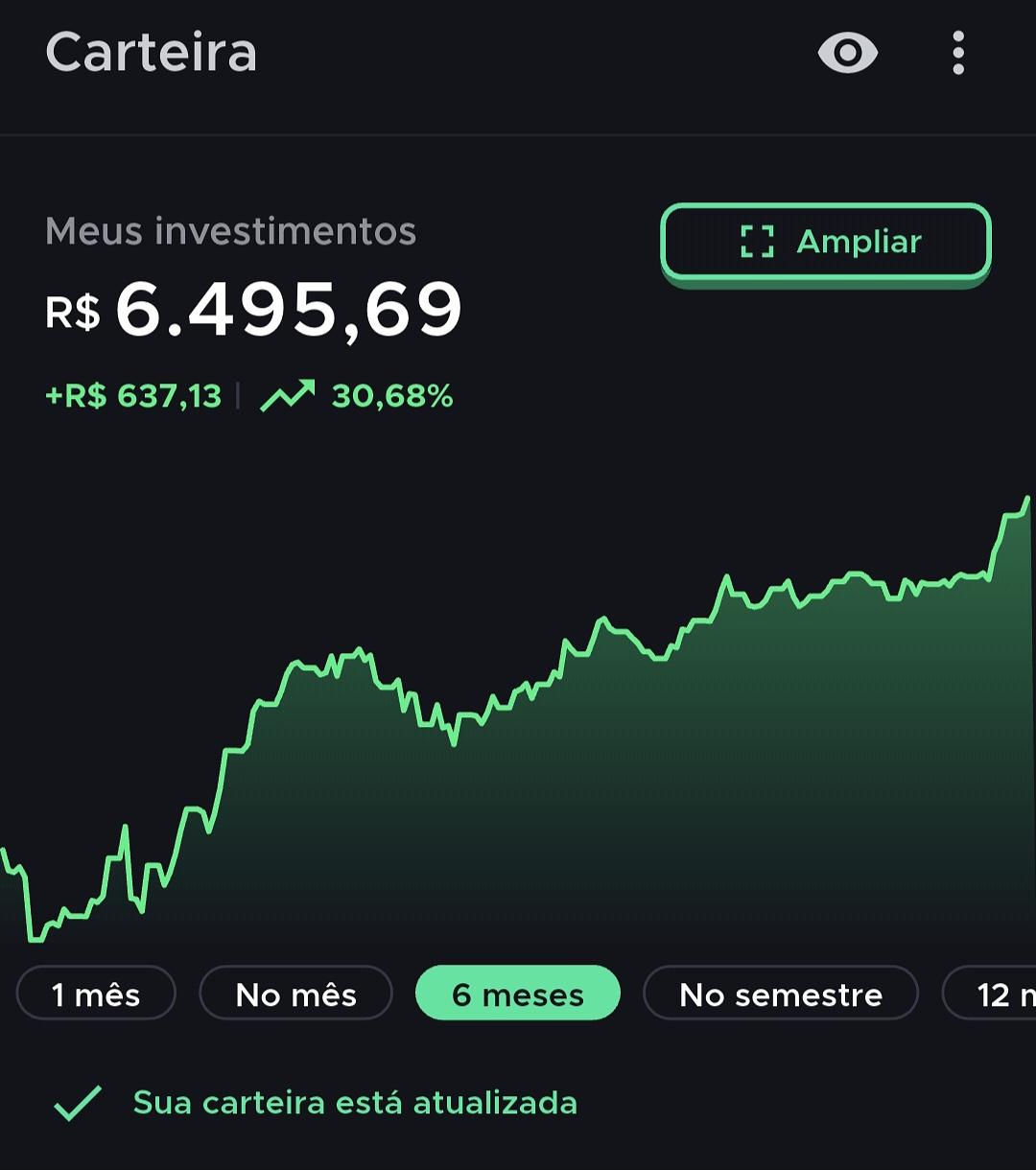 Tela da carteira de Giulia com R$ 6.495,69 investidos e valorização de 30,68% em seis meses